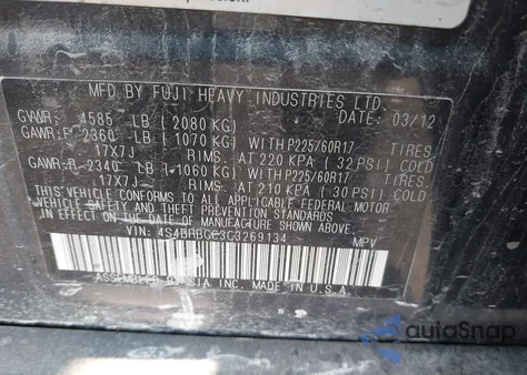 2012 Subaru Outback 2.5I Premium from USA, damaged, VIN 4S4BRBGC3C3269134